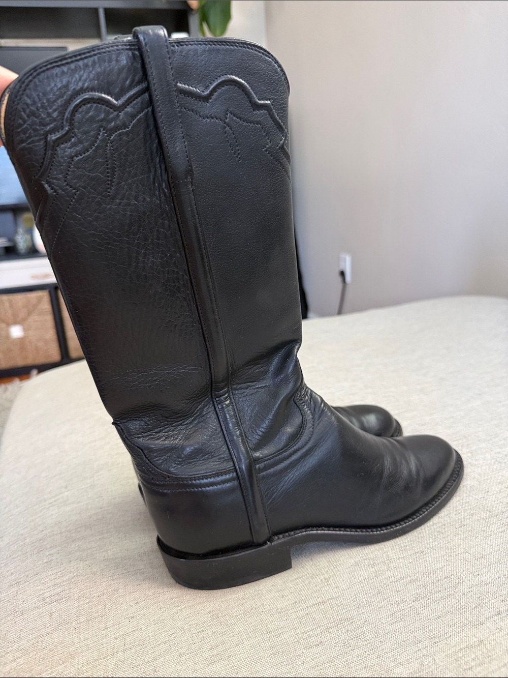 Lucchese Women’s Black Leather Mid-Calf Low Heeled Western Boots